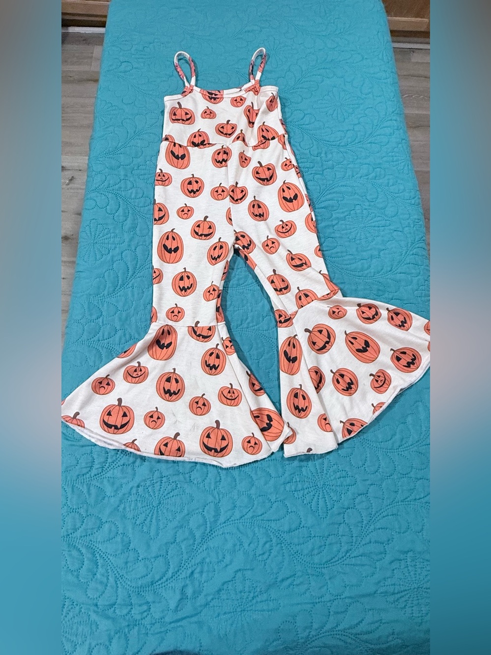 Kids Pumpkin Print Halloween Bell-Bottom Costume Jumpsuit - White & Orange